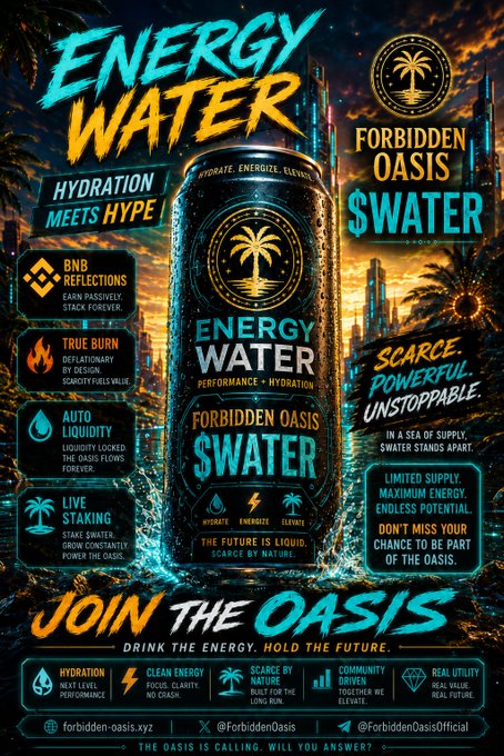 Promotional poster for 'Energy Water - Forbidden Oasis $WATER' cryptocurrency token, featuring a beverage can and token metrics like BNB reflections and true burn.