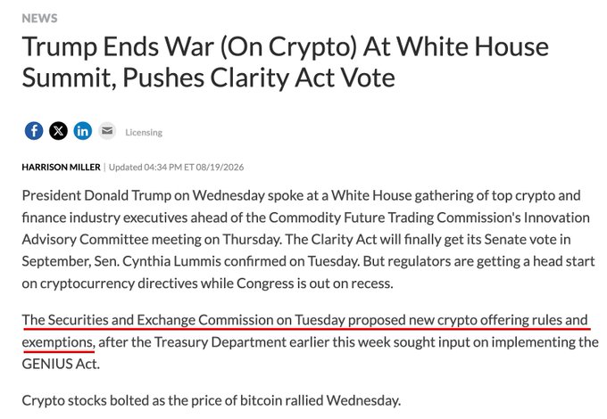 The image displays a news article titled "Trump Ends War (On Crypto) At White House Summit, Pushes Clarity Act Vote," featuring a highlighted section about the SEC proposing new crypto offering rules and exemptions following Treasury Department input on the GENIUS Act. This supports the post's claim about the SEC's shift toward a pro-crypto stance under new leadership, moving away from its previous regulation-by-enforcement approach against companies like Coinbase and XRP.