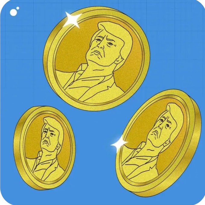 Three gold coins bearing Donald Trump's portrait float against a blue background, symbolizing the $TRUMP crypto tokens whose holders face an estimated $4.7 billion in unrealized losses, with $3.2B attributed to the projects featured.