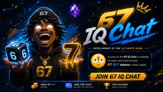 A digital advertisement features a cartoon character wearing a '67' beanie holding dice, with text promoting '67 IQ Chat' and the tagline 'INTELLIGENCE IS THE ULTIMATE EDGE'.