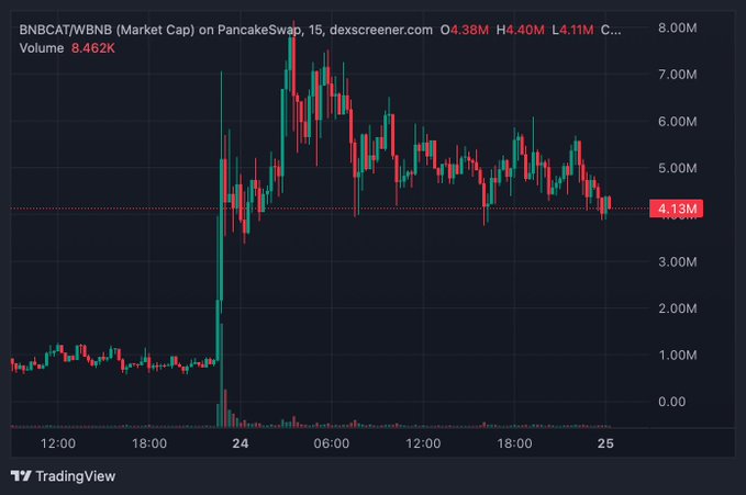 A TradingView chart of the BNBCAT/WBNB market cap on PancakeSwap shows the token's price action over a 15-minute timeframe, rallying from below $1M to an ATH near $8M before pulling back to its current value of $4.13M (with volume at 8.462K and recent highs/lows of $4.40M/$4.11M), visually reinforcing the post's bullish sentiment about the pullback after its initial run.
