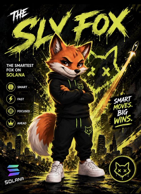 The image features a cartoon fox wearing black clothes, standing with his arms crossed and looking at the camera. The background of the image shows a city skyline, which complements the fox's outfit. The caption below the fox reads "SLY FOX Not a dog. Not a cat. A fox. Smart. Patient. Calculated. Smart Moves. Big Wins. The Smartest Fox on Solana." This suggests that the fox is a character from a cartoon series or comic book, and it is promoting itself as smart and patient while boasting about its skills in hunting and making big moves.