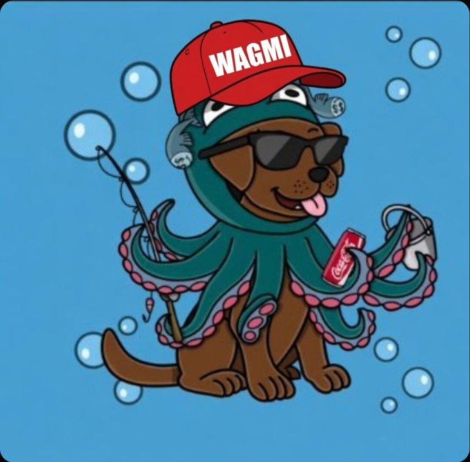 A cartoon dog wearing sunglasses, an octopus costume, and a red hat labeled "WAGMI," holding a Coca-Cola can with soda bubbles floating around.