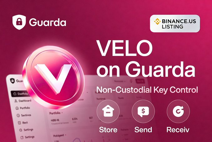 Promotional graphic announcing VELO on Guarda wallet, featuring a Binance.US listing badge and noting 'Non-Custodial Key Control' for Store, Send, and Receive functions.