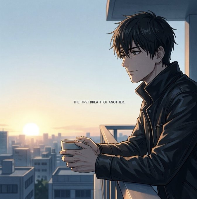 Anime-style illustration of a dark-haired young man in a black leather jacket holding a mug on a balcony at sunrise, with the text 'THE FIRST BREATH OF ANOTHER.' overlaid.