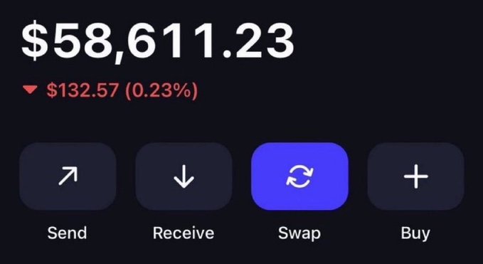 Crypto wallet interface displaying a balance of $58,611.23 (down $132.57 / 0.23%) with buttons for Send, Receive, Swap, and Buy.