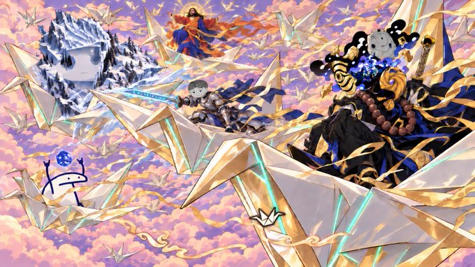 An anime-style illustration depicting a sky filled with origami paper airplanes carrying various characters, including a girl in red, a snowy figure, and others in elaborate costumes.