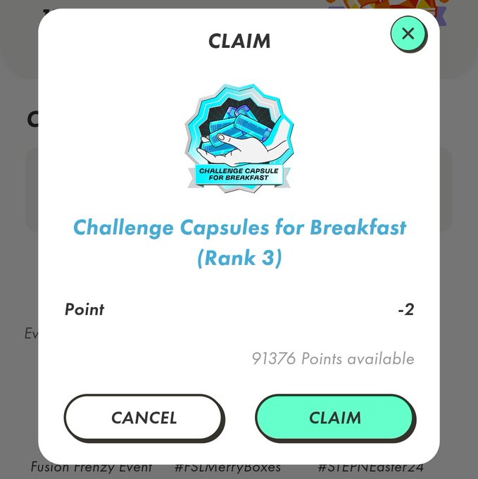Mobile game claim screen showing 'Challenge Capsules for Breakfast (Rank 3)' with a cost of -2 points and 91376 points available, with CANCEL and CLAIM buttons.