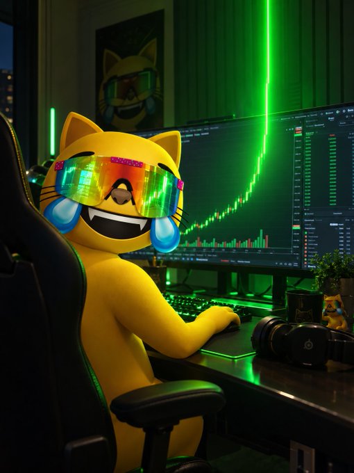 A 3D-rendered yellow cat wearing rainbow shutter shades and crying emoji tears trades cryptocurrency at a multi-monitor setup with green candlestick charts.