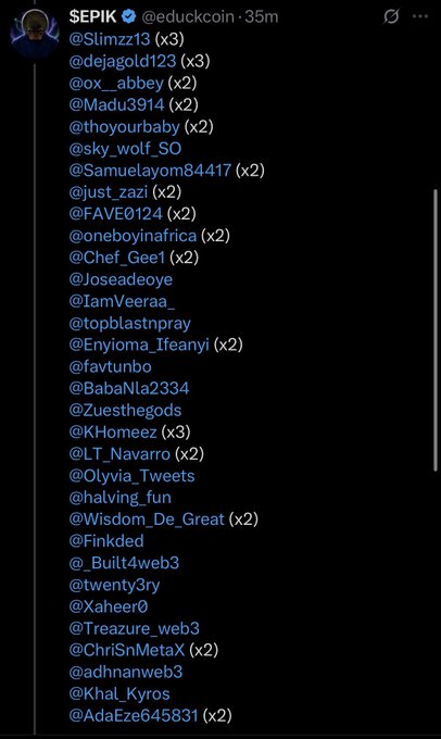 A screenshot of a tweet from SEPIK (@educkcoin) listing multiple Twitter usernames with multipliers like (x2) and (x3), likely indicating winners or recipients of a distribution.