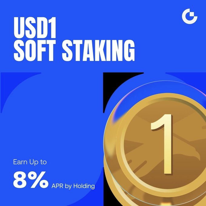 A bold promotional graphic features large text "USD1 SOFT STAKING" alongside "Earn Up to 8% APR by Holding," paired with a gleaming gold coin marked with a "1" against a vibrant blue background. The Gate.io logo appears in the top corner, visually reinforcing the post's announcement of their new flexible soft staking program for USD1 stablecoins.