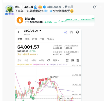 Crypto influencer 老白 (LaoBai) posts a Bitcoin chart from Binance showing BTC/USD1 at $64,001.57 with +0.72%, noting BTC is at $66,151.00 (+2.95%) and warning that holding $BTC could be very painful in the afternoon.