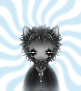 A dark, stylized anthropomorphic cat character with glowing eyes and a zipper down its face stands against a wavy blue and white background.
