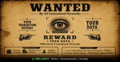 A stylized 'WANTED by All Central Networks' poster offering a reward for user transaction history and personal data, with a BlockDAG Presale banner at the bottom.