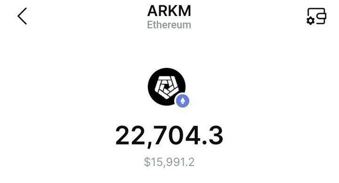 The image shows a crypto wallet display for the ARKM token on the Ethereum network, showing a balance of 22,704.3 ARKM tokens valued at $15,991.2. This likely represents a screenshot of someone's ARKM airdrop claim, serving as a real example to accompany the post asking about the biggest airdrops people have received.