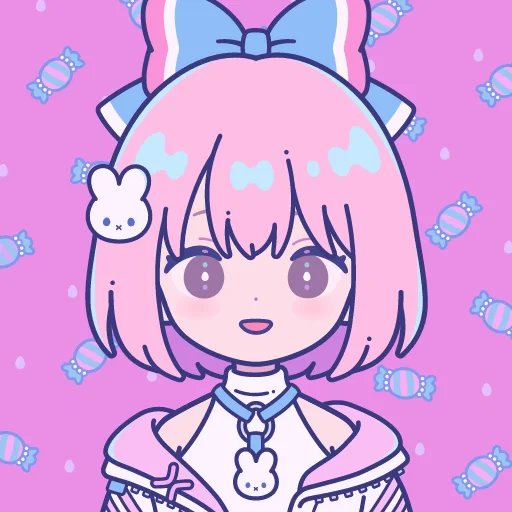 An anime-style illustration of a smiling girl with pink hair, a blue and white bow, and a small white bunny hair accessory, set against a pink background with candy patterns.