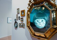 An ornate, gilded mirror on a gallery wall displays a digital rendering of a grumpy-looking cat with turquoise hair, surrounded by smaller framed artworks. The display appears to be part of the Auntieverse "Mirror Into Auntieverse" NFT collection on Tezos, showcasing a digital cat character named Kim in an art exhibition setting.