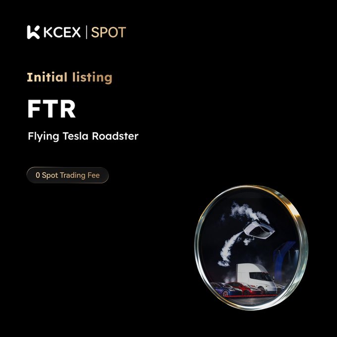 A promotional graphic for KCEX SPOT cryptocurrency exchange announcing the initial listing of 'FTR' (Flying Tesla Roadster) token with 0 Spot Trading Fee, featuring a 3D illustration of a car and flying vehicle.