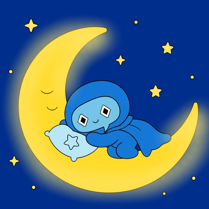 A cute blue-hooded character sleeps on a pillow with a star design, resting on a smiling yellow crescent moon against a dark blue starry night background.