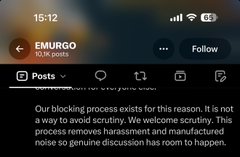 Screenshot of an X post from EMURGO (10.1K posts) explaining: 'Our blocking process exists for this reason. It is not a way to avoid scrutiny. We welcome scrutiny. This process removes harassment and manufactured noise so genuine discussion has room to happen.'