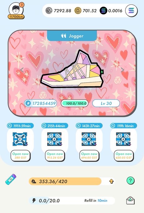 A mobile game screen titled 'Jogger' displaying a colorful sneaker NFT (#172854459, Lv 30) against a pink heart background, with currency balances of 7292.88, 701.52, and 0.0016, and four crate options to open with countdown timers ranging from 119h 16min to 191h 59min.