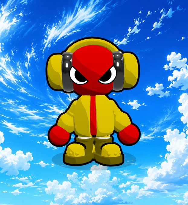 A cartoon character wearing a yellow jacket, red face covering, and large yellow earmuffs stands against a blue sky background with clouds.