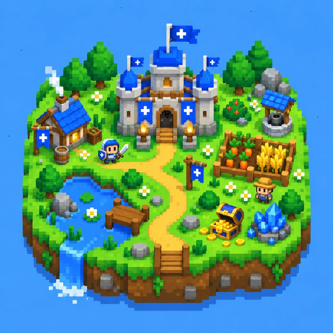 A vibrant pixel-art floating island featuring a blue and white castle at its center, surrounded by lush trees, a small cottage, a farm with crops, a treasure chest full of gold, a glowing crystal, a pond with a wooden bridge, and a knight and farmer character, all set against a bright blue sky—symbolizing a thriving, established digital kingdom that aligns with the message of a dedicated, long-term project with a strong foundation already built rather than something to be valued only by its current floor price.
