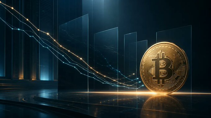 A gold Bitcoin coin sits on a reflective surface beside descending trend lines and data charts, visually representing institutional price forecasts and the potential downside ranges ($40,000–$60,000) highlighted in the accompanying analysis of major firms' Bitcoin cycle bottom predictions.