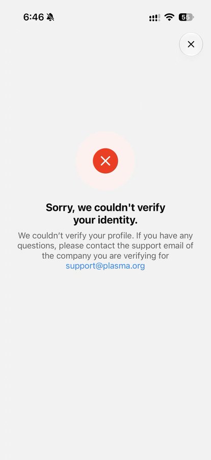 A mobile screen displays an identity verification failure message with a red X icon, reading 'Sorry, we couldn't verify your identity' and directs users to contact support@plasma.org.