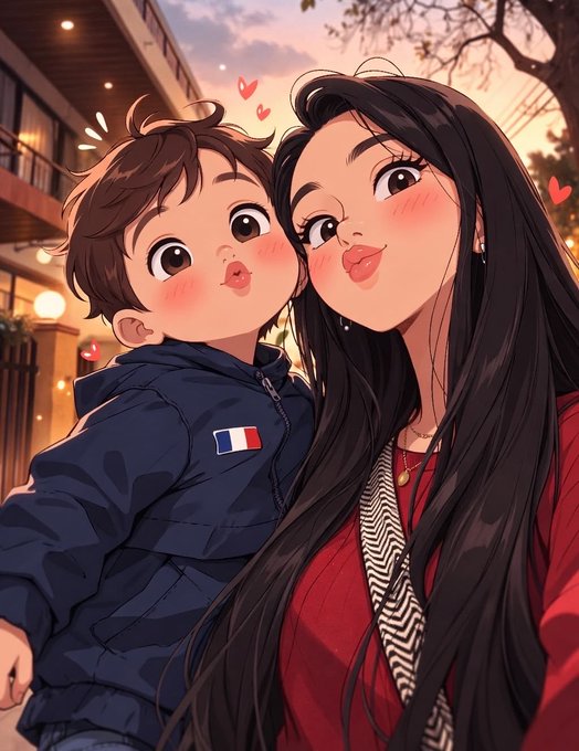An anime-style illustration showing a woman with long dark hair kissing the cheek of a young boy in a navy puffer jacket, surrounded by small hearts.