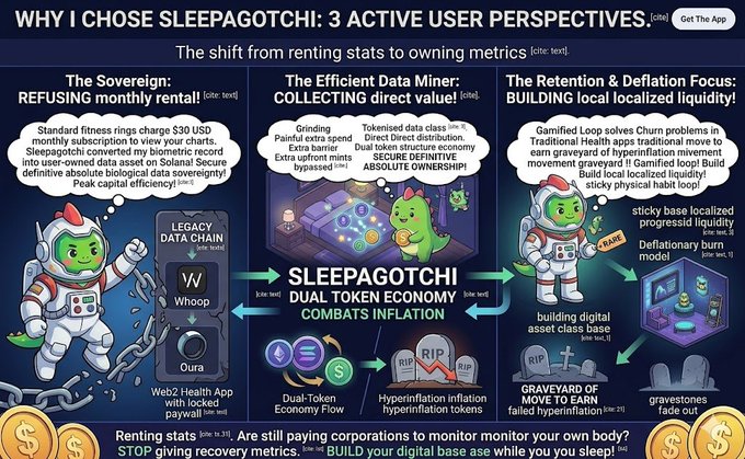 A cartoon illustration of a sleeping character with a green frog, accompanied by text promoting the "Why I chose Sleepapotchi 3 Active User Perspectives" campaign.
