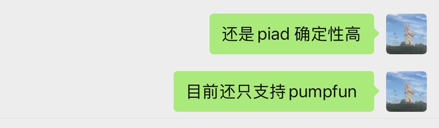 Two green text message bubbles in Chinese stating '还是 piad 确定性高' and '目前还只支持 pumpfun', indicating a conversation about piad and the pumpfun platform.