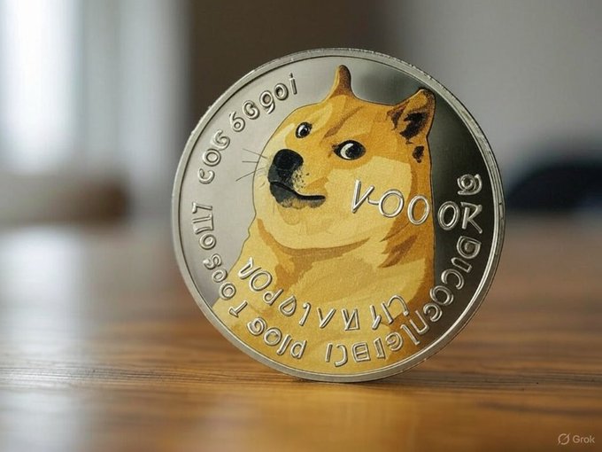 A close-up photograph of a Dogecoin physical commemorative coin featuring the iconic Shiba Inu dog, displayed standing on a wooden surface with mirrored Dogecoin text around its edge.