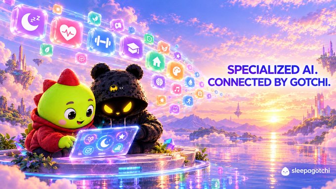A colorful promotional graphic titled 'SPECIALIZED AI. CONNECTED BY GOTCHI.' features a cute green character alongside a shadowy hooded figure with glowing yellow eyes, surrounded by floating app icons in a dreamy pastel landscape. The 'sleepagotchi' logo appears in the corner.