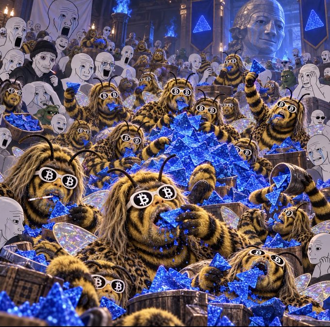 A chaotic surreal scene shows furry bee-like creatures wearing Bitcoin-logo glasses feasting on blue crystals, surrounded by crowds of meme faces and hooded figures.