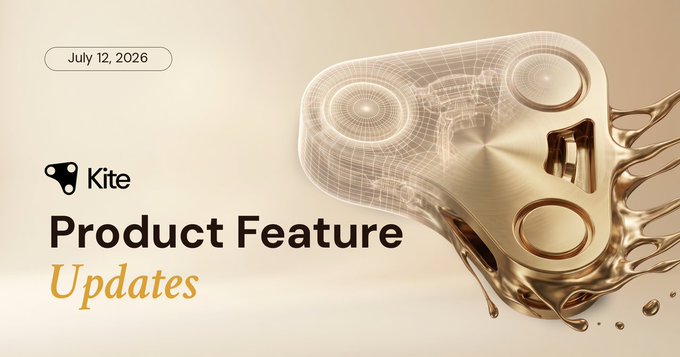 A sleek promotional graphic dated July 12, 2026, featuring a gold 3D rendering of a hardware device alongside the Kite logo and bold text reading "Product Feature Updates," visually introducing Kite's new cross-chain x402 payment routing capabilities for AI agents.