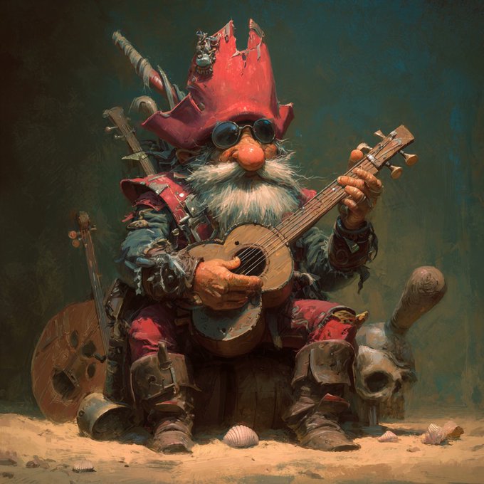 A fantasy painting of a red-bearded gnome wearing a tall red hat and goggles while playing a banjo.