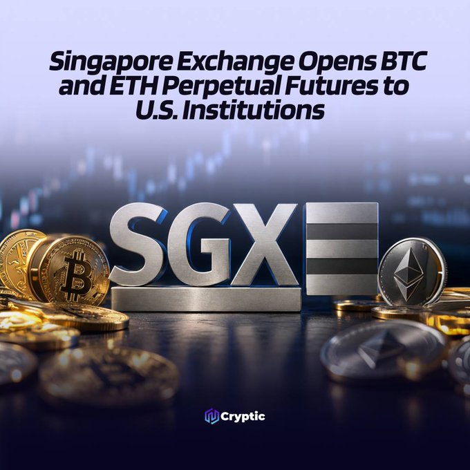 A promotional graphic displaying the metallic "SGX" logo flanked by gold Bitcoin coins and silver Ethereum tokens, with the headline "Singapore Exchange Opens BTC and ETH Perpetual Futures to U.S. Institutions" and a "Cryptic" watermark at the bottom, visually reinforcing the news that SGX has secured CFTC authorization to offer its crypto perpetual futures to qualifying American institutional traders.