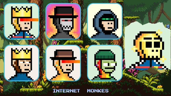 Pixel art character icons displayed over a jungle background, labeled 'INTERNET MONKES' at the bottom.