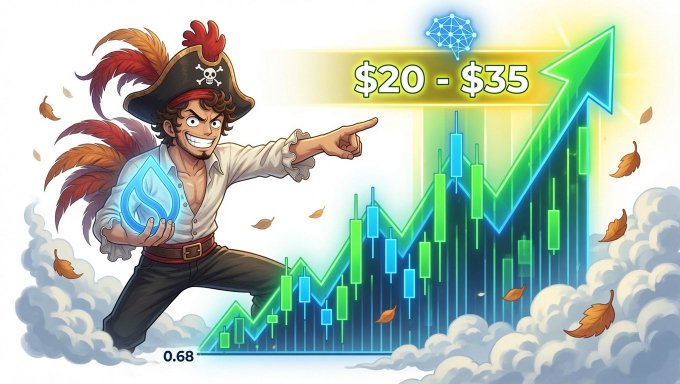 The image depicts a confident pirate character holding a glowing blue SUI token while pointing toward an upward-trending green price chart with a prominent arrow, displaying the text "$20 - $35" alongside a crypto symbol, visually representing the bold price prediction that aligns with the post's argument that SUI's upcoming catalysts (DeepBook, prediction markets, and Basecamp) will drive significant long-term growth despite its current sub-$1 price.