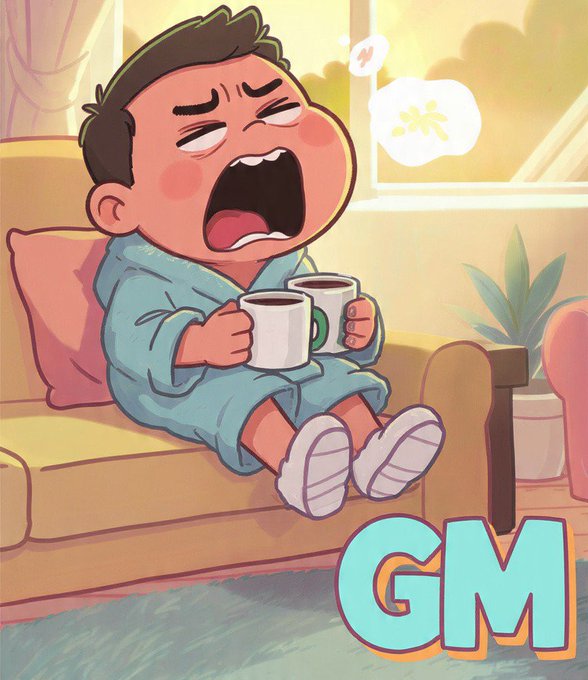 A cartoon illustration of a tired boy yawning while holding a coffee mug on a couch, with 'GM' (Good Morning) written in the bottom right corner.