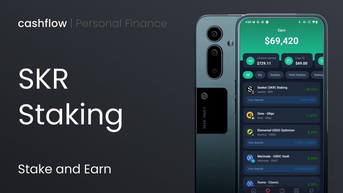 The image shows a cell phone with Skr staking app open on its screen. The background of the photo is black, making it stand out against the white text on the image. The caption below the image says "SKR Staking is now live on Cashflow for @solanamobile users. Stake SKR in a few taps, directly from your personal finance app."