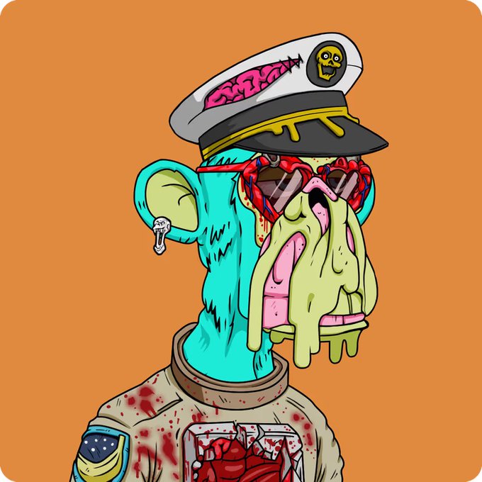 A grotesque cartoon zombie sailor with teal skin, a melted face, an exposed brain under a captain's hat, and blood-stained uniform.