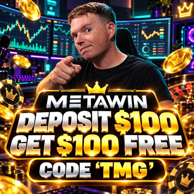A promotional image for MetaWin shows a man pointing at the viewer in a casino/trading setup, surrounded by gold coins and casino chips. Large text reads “METAWIN,” “DEPOSIT $100 GET $100 FREE,” and “CODE ‘TMG’,” matching the post’s limited $100 first-deposit match offer.