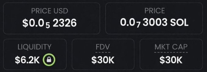 A trading dashboard displays a low-priced Solana meme coin with key metrics: PRICE USD of $0.052326, PRICE of 0.073003 SOL, LIQUIDITY of $6.2K, FDV of $30K, and MKT CAP of $30K. The image illustrates the type of small-cap, low-liquidity tokens being promoted in the post as opportunities for massive percentage gains through early calls on meme coins like $ANSEM, $JIMOTHY, $CATE, $CASHCAT, and $TRIPLET.