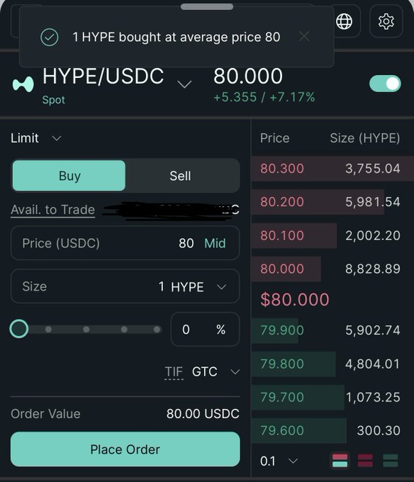 A cryptocurrency trading interface showing the purchase of 1 HYPE at an average price of 80 USDC, with the HYPE/USDC price at 80.000, up 7.17%.