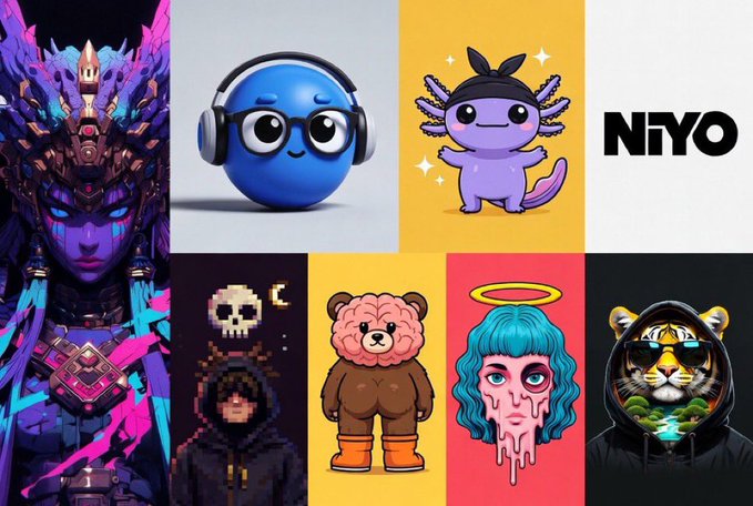 The image features a collection of nine different cartoon characters or illustrations, each with their own unique style and theme. The characters include a blue ball wearing headphones, an alien-like creature, a girl with blue hair, a boy with a black hoodie, a pink bird, a purple fish, a brown bear, a yellow frog, and a tiger. These characters are arranged in a grid format on the image, showcasing their diversity and creativity. The post also includes text that reads "NIO" and "Early Alpha Watchlist A few ETH mints quietly building before the crowd arrives: • @ArchanNair - Echoes Within Mūori - 70+ artworks blending mythology, cosmic worlds, nature, technology, and human consciousness".
