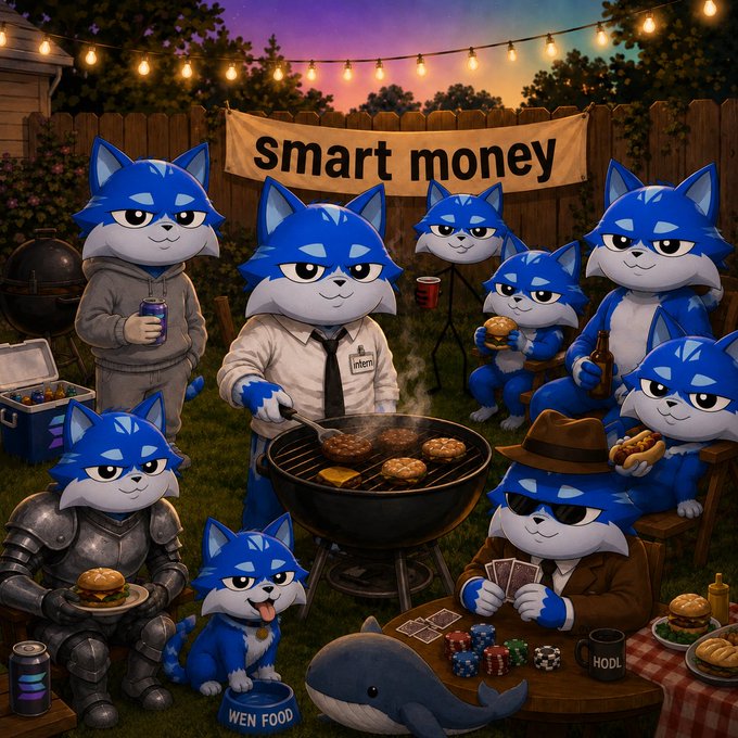 An AI-generated illustration depicting a group of anthropomorphic blue and white cartoon cats gathered around a barbecue grill under a 'smart money' banner, referencing crypto slang with elements like a 'WEN FOOD' bowl and a whale figure.