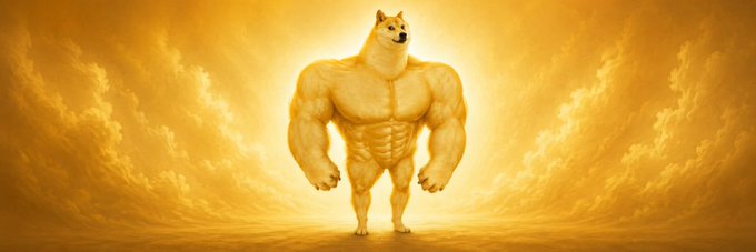 The image shows a hyper-muscular anthropomorphic Shiba Inu dog standing in a powerful pose against a radiant golden-yellow background, embodying the "Swole Doge" meme. This matches the banner created for the Solana token $SWOLEDOGE, featuring the iconic buff Doge figure that has become synonymous with the token's branding.