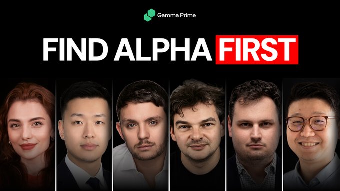 A promotional banner for 'Gamma Prime' featuring the headline 'FIND ALPHA FIRST' above six professional headshot portraits of individuals.